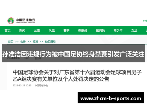 孙准浩因违规行为被中国足协终身禁赛引发广泛关注